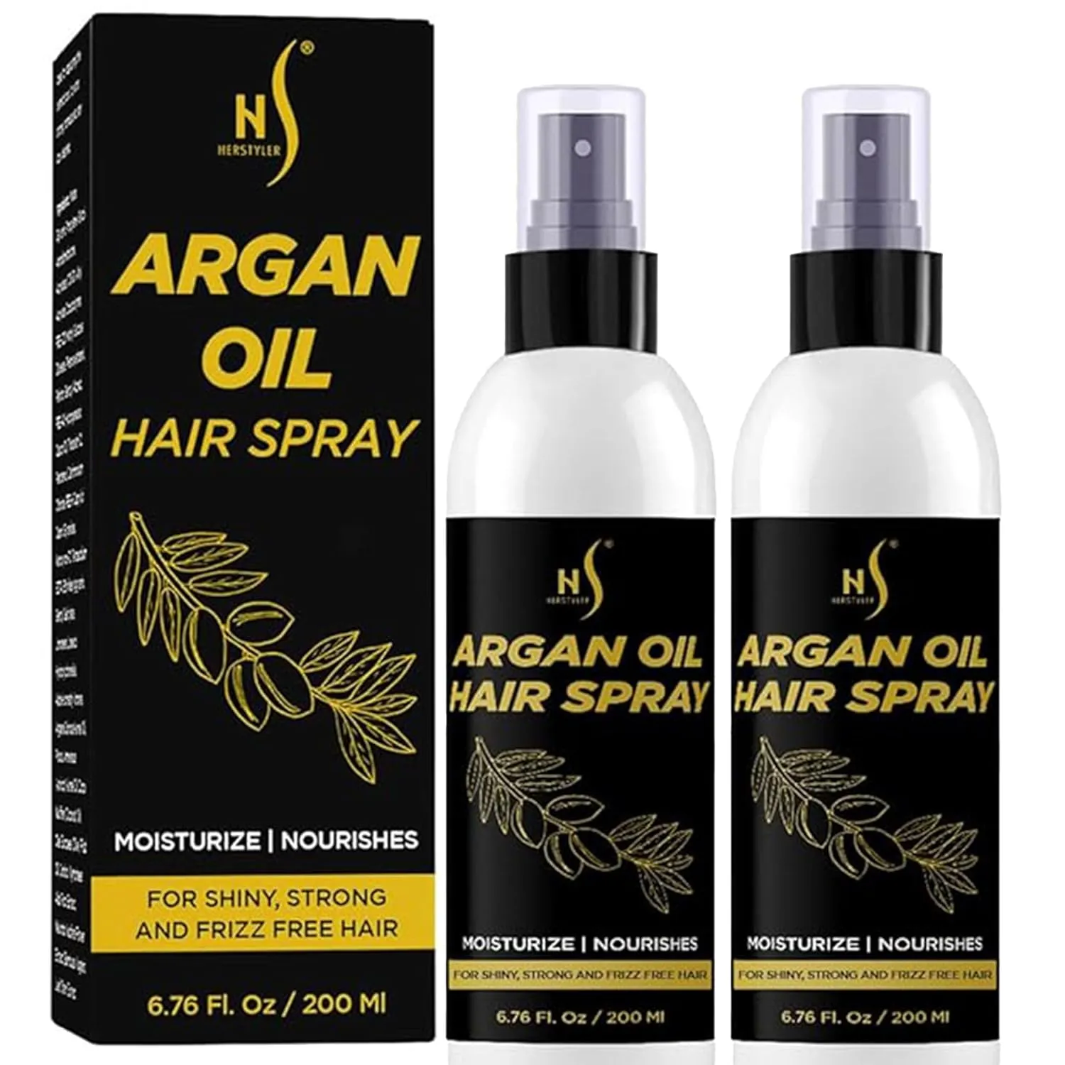 HerStyler Argan Oil Hair Spray - Heat Protectant Spray for Women - Anti Frizz, Detangling, Shine - Contains Coconut Oil, Castor, Argan Oil, Olive - 6.76 Oz each - 2 Pack