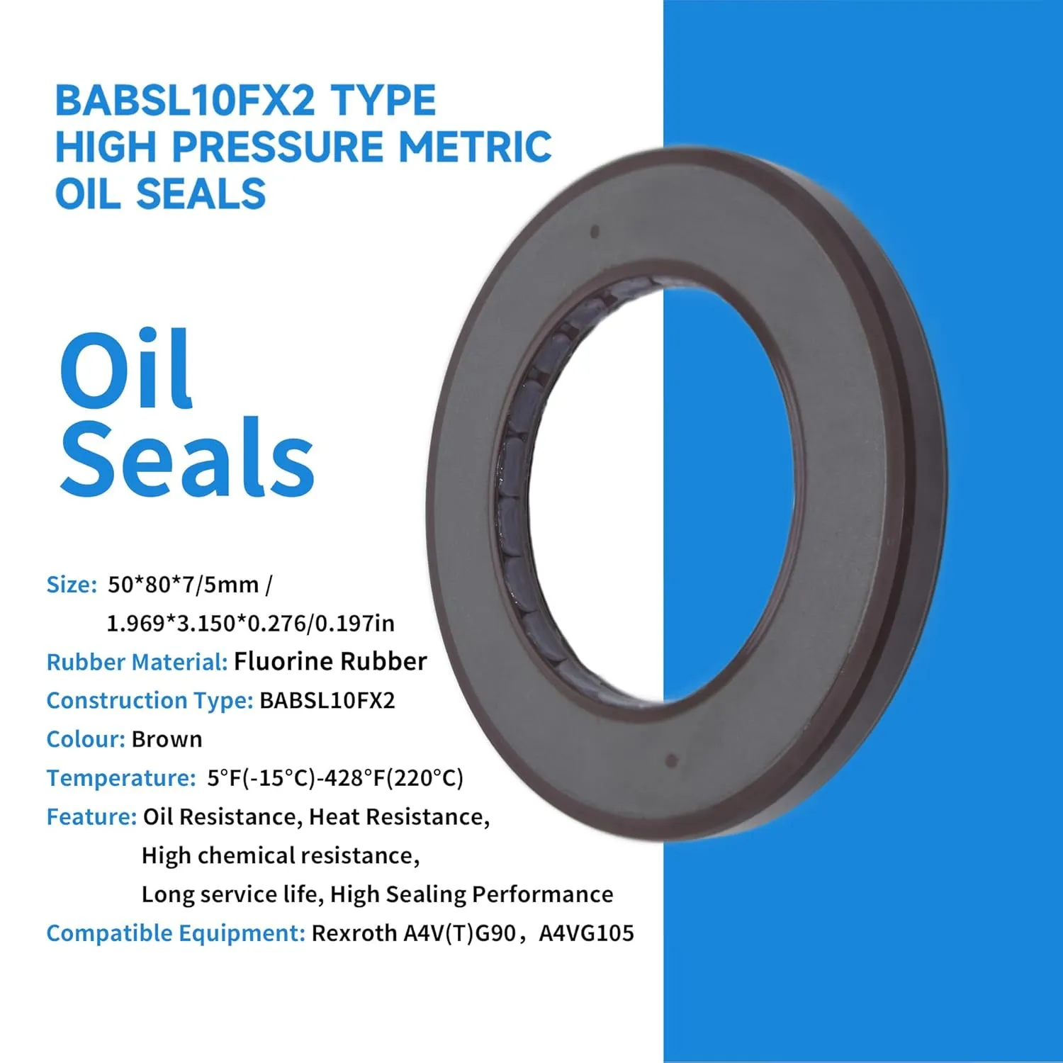High Pressure Rotary Shaft Oil Seals 50x80x7/5mm, BABSL10FX2 Type FKM Double Lip Hydraulic Axial Piston Pump Seals for Rexroth A4V(T) G90, A4VG105 Pump, Brown, 1904004