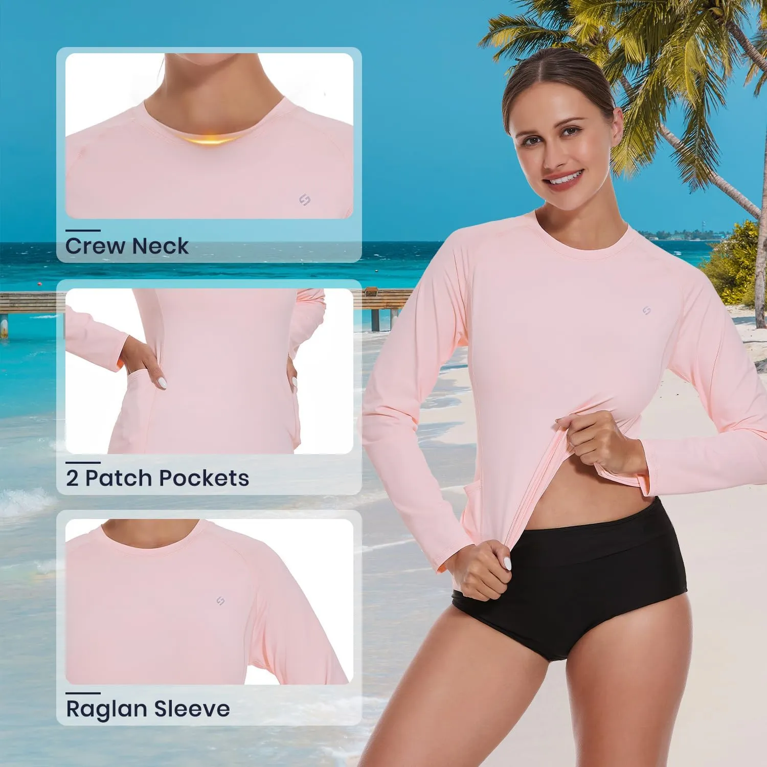 HODOSPORTS Rash Guard for Women UPF 50  Swim Shirt with Pockets Sun Protection Shirts Lightweight Long Sleeve