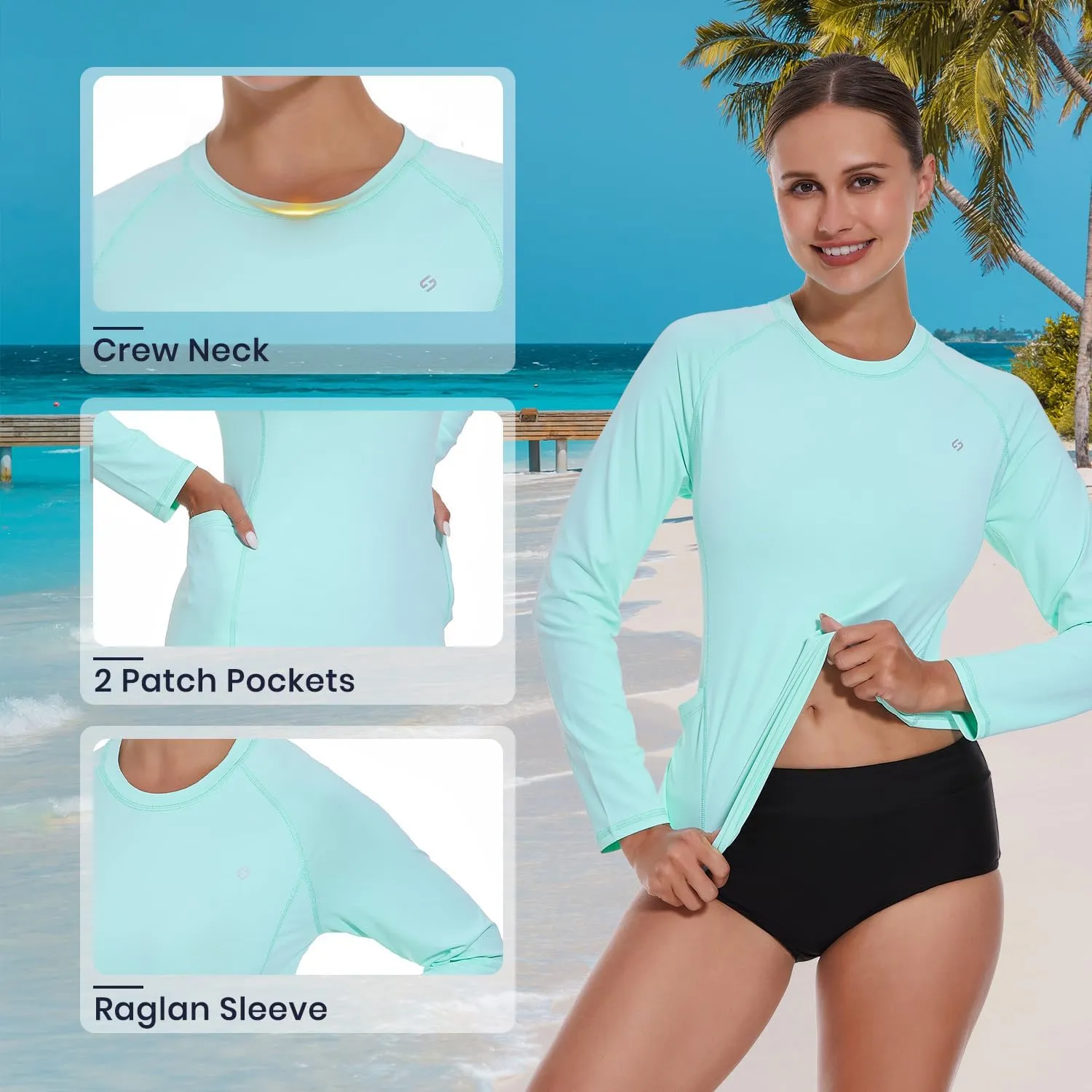 HODOSPORTS Rash Guard for Women UPF 50  Swim Shirt with Pockets Sun Protection Shirts Lightweight Long Sleeve