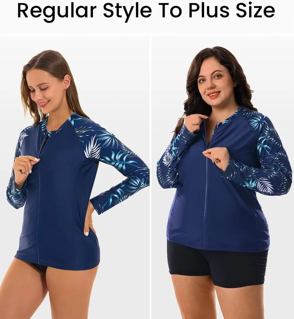 HODOSPORTS Women's Rashguard UPF 50  Swimsuit Zip Front Sun Protection Swim Shirt Long Sleeve S-5XL