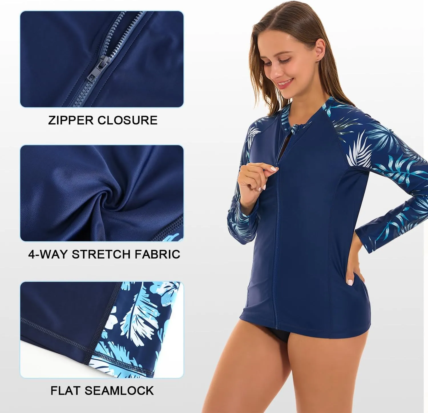 HODOSPORTS Women's Rashguard UPF 50  Swimsuit Zip Front Sun Protection Swim Shirt Long Sleeve S-5XL