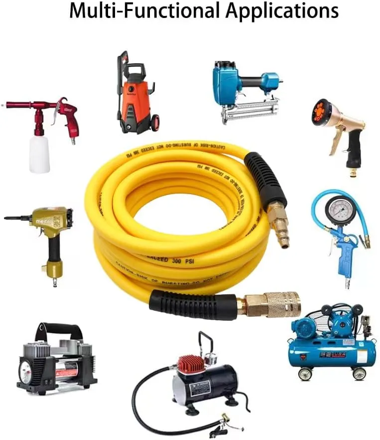 Hybrid Air Hose 1/4-Inch x 25FT，Air Compressor Hose 300 PSI Heavy Duty, Lightweight, Kink Resistant, All-Weather Flexibility with 1/4-Inch Industrial Air Fittings and Bend Restrictors,Yellow