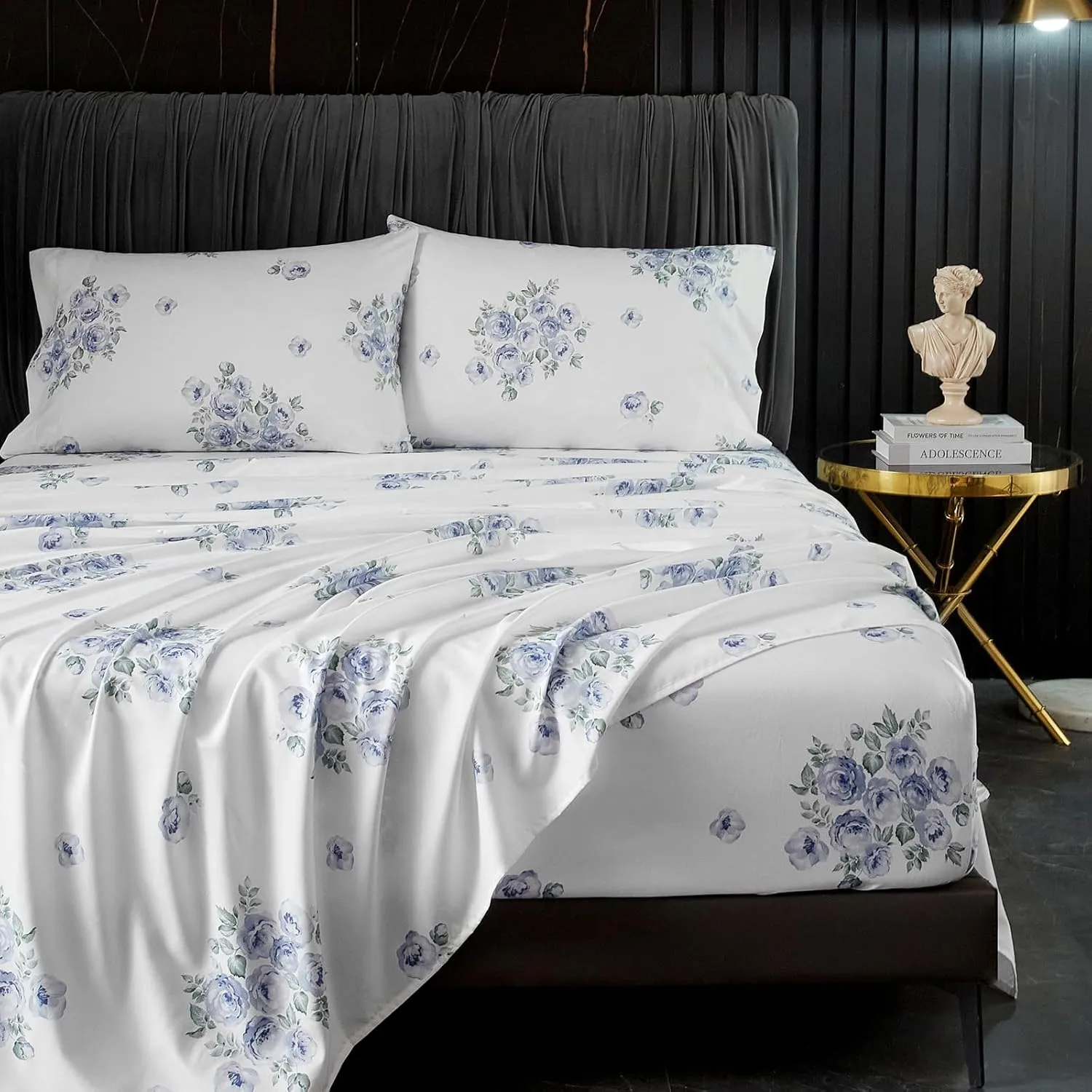 HYPREST Blue Floral Sheets Queen Size,18 inches Deep Pocket Sheets 1800 Thread Count, 4 Pieces Floral Bed Sheets Soft Breathable Aesthetic Farmhouse Shabby Chic Bed Sheets, Oeko-Tex Certificated.