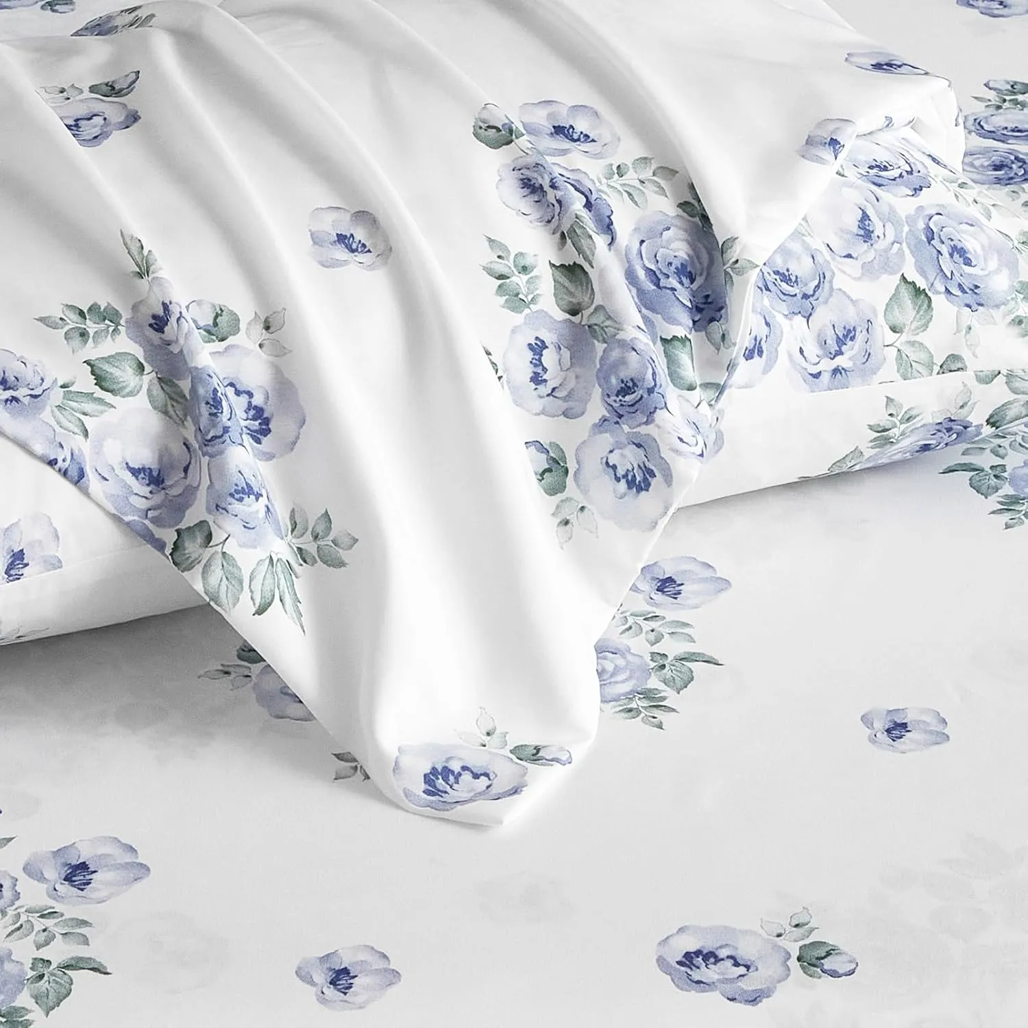 HYPREST Blue Floral Sheets Queen Size,18 inches Deep Pocket Sheets 1800 Thread Count, 4 Pieces Floral Bed Sheets Soft Breathable Aesthetic Farmhouse Shabby Chic Bed Sheets, Oeko-Tex Certificated.