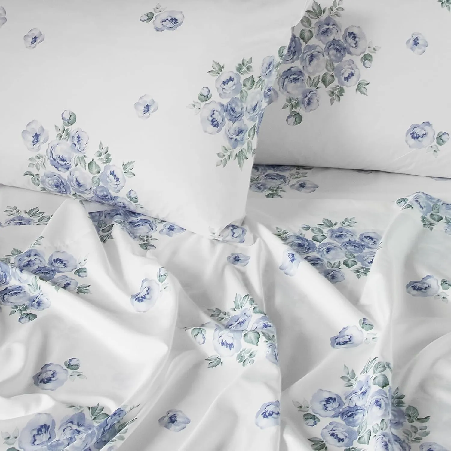 HYPREST Blue Floral Sheets Queen Size,18 inches Deep Pocket Sheets 1800 Thread Count, 4 Pieces Floral Bed Sheets Soft Breathable Aesthetic Farmhouse Shabby Chic Bed Sheets, Oeko-Tex Certificated.