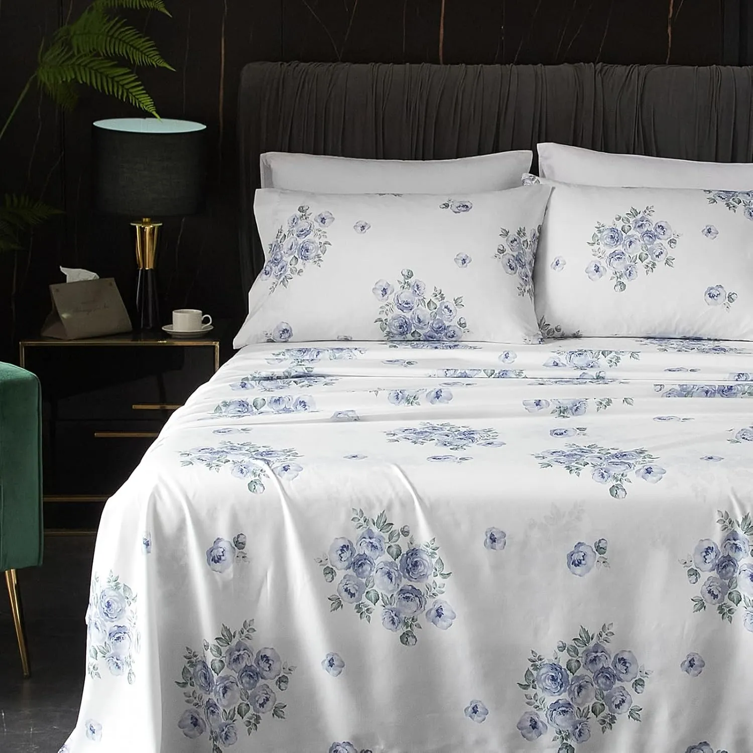 HYPREST Blue Floral Sheets Queen Size,18 inches Deep Pocket Sheets 1800 Thread Count, 4 Pieces Floral Bed Sheets Soft Breathable Aesthetic Farmhouse Shabby Chic Bed Sheets, Oeko-Tex Certificated.