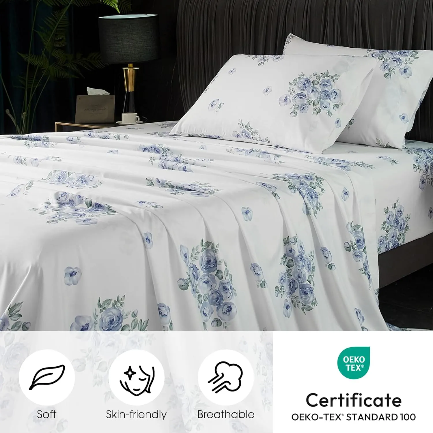 HYPREST Blue Floral Sheets Queen Size,18 inches Deep Pocket Sheets 1800 Thread Count, 4 Pieces Floral Bed Sheets Soft Breathable Aesthetic Farmhouse Shabby Chic Bed Sheets, Oeko-Tex Certificated.