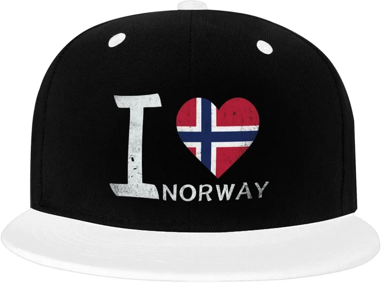 I Love Norway - Heart Flag Color-Block Flat Brim Snapback Cap for Men & Women, Adjustable Hip-Hop Hat White