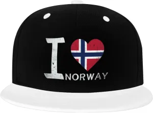 I Love Norway - Heart Flag Color-Block Flat Brim Snapback Cap for Men & Women, Adjustable Hip-Hop Hat White