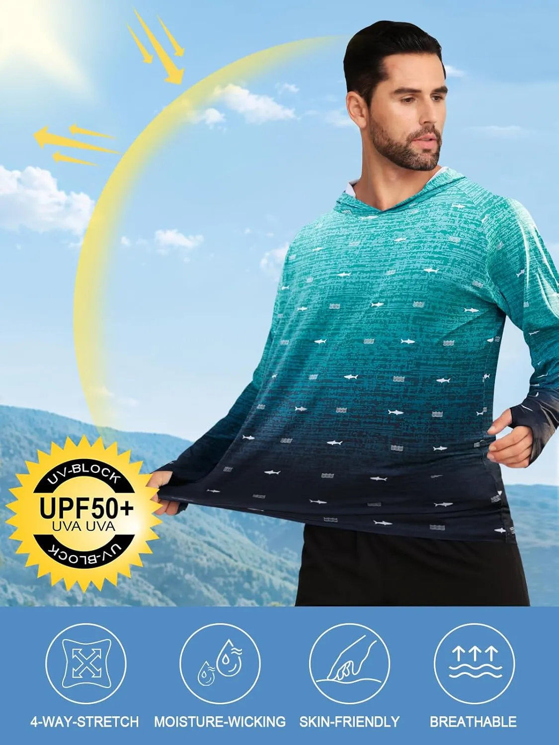 iCKER Men's UPF 50  Sun Protection Hoodie Shirt Rash Guard Long Sleeve Shirt UV Fishing Outdoor Hiking Swimming Running