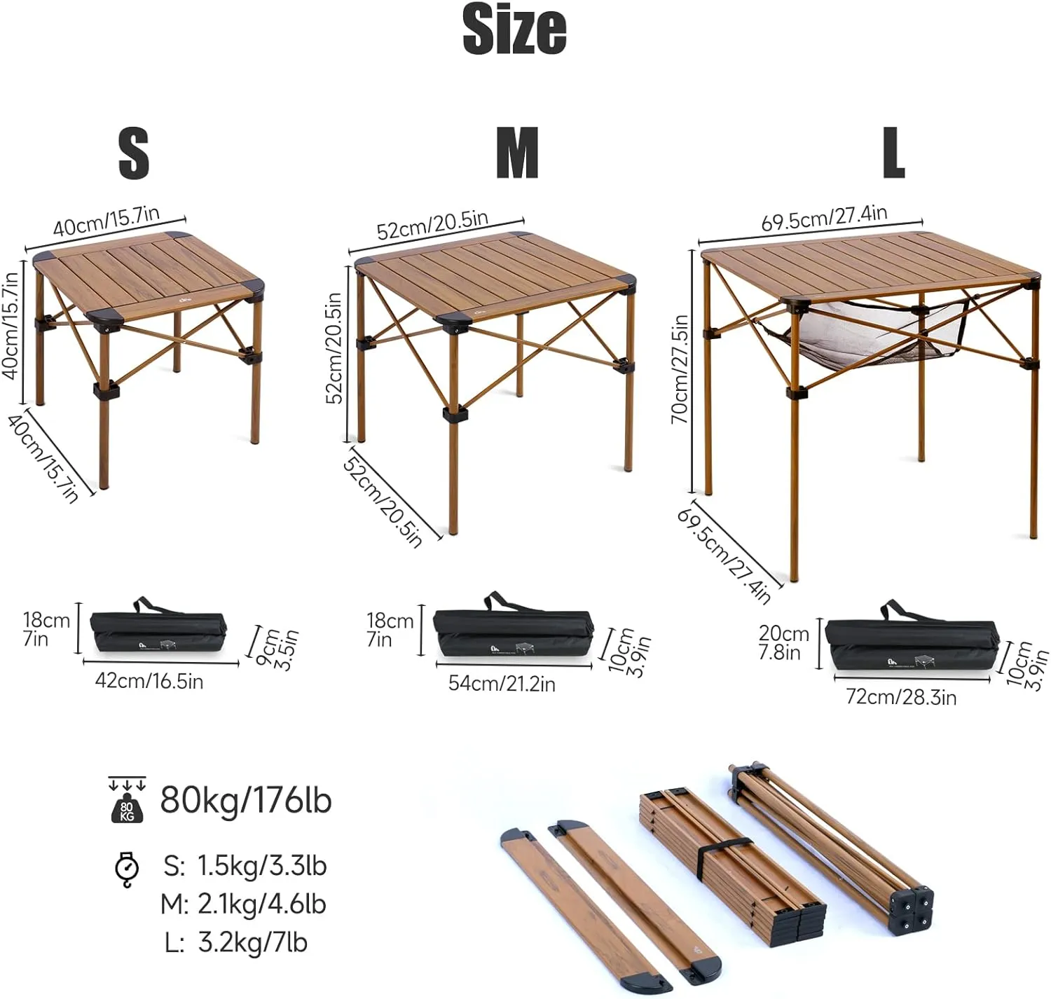 iClimb Lightweight Stable Alu. Folding Square Table Roll Up Top with Carry Bag for Camping Picnic Backyards BBQ Camp Kitchen (Nature, S)