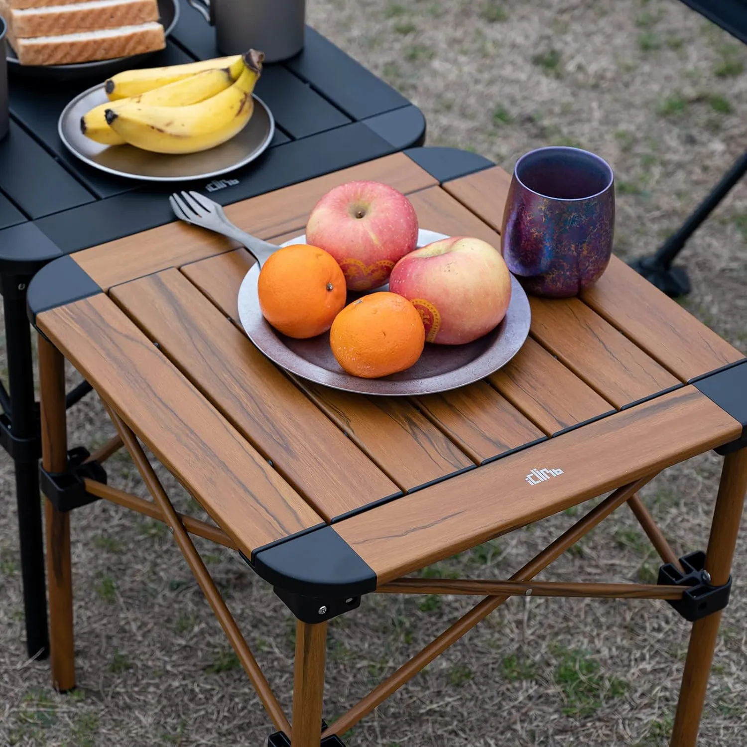 iClimb Lightweight Stable Alu. Folding Square Table Roll Up Top with Carry Bag for Camping Picnic Backyards BBQ Camp Kitchen (Nature, S)