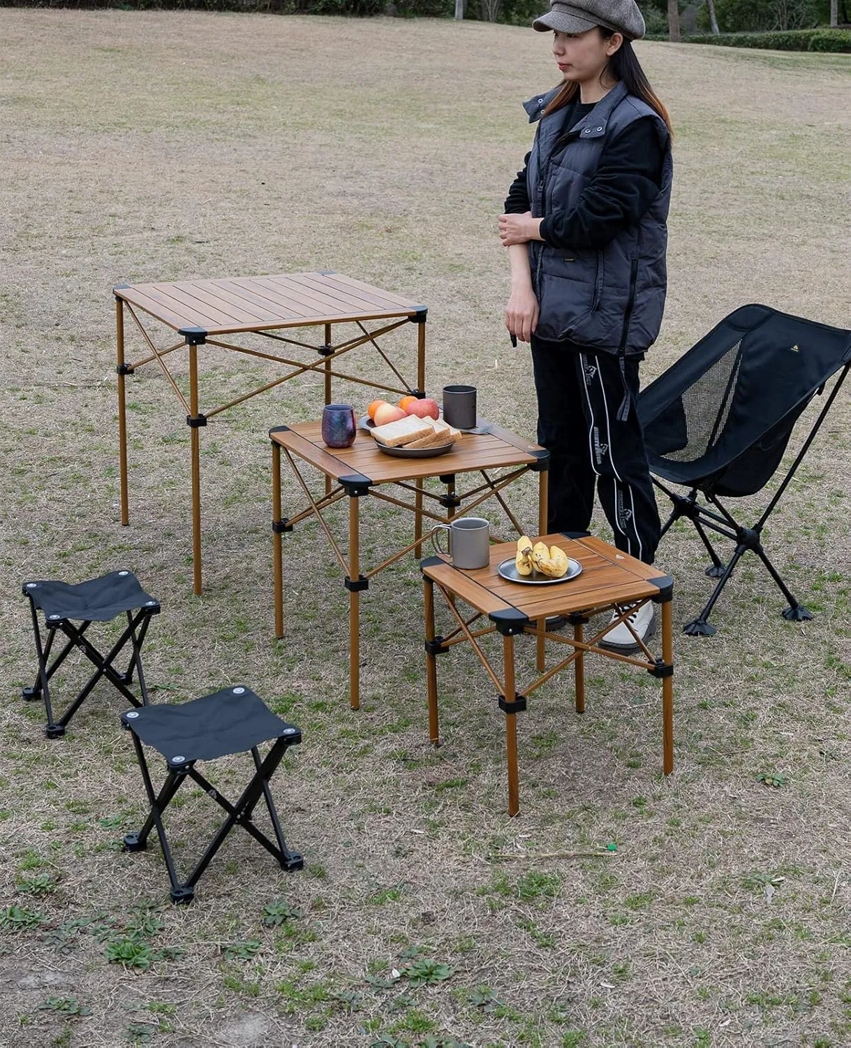 iClimb Lightweight Stable Alu. Folding Square Table Roll Up Top with Carry Bag for Camping Picnic Backyards BBQ Camp Kitchen (Nature, S)