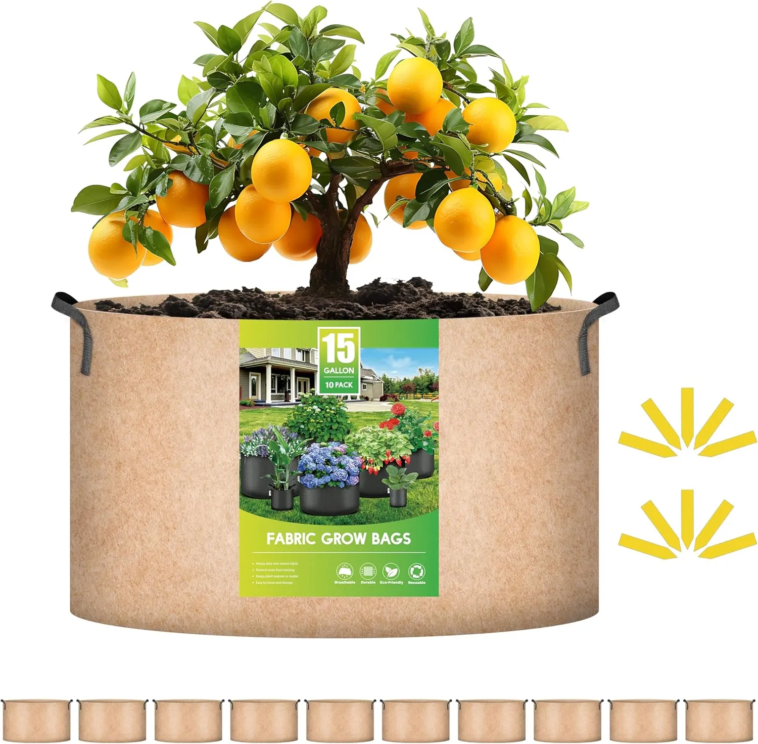 iPower 10 Pack 15 Gallon Grow Bags, Garden Planting Nonwoven Fabric Pots with Reinforced Handle, Heavy Duty and Aeration Planter Pot for Tomato, Fruits, Vegetables and Flowers, 10 Labels Included