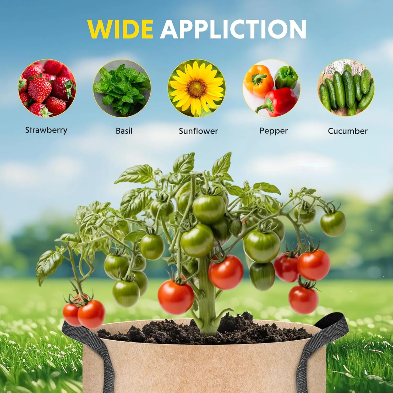 iPower 10 Pack 15 Gallon Grow Bags, Garden Planting Nonwoven Fabric Pots with Reinforced Handle, Heavy Duty and Aeration Planter Pot for Tomato, Fruits, Vegetables and Flowers, 10 Labels Included