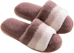 JadeRich Women's Fuzzy Open Toe Plush Slippers Colorblock Cozy Breathable Faux Fur Flat Slides Furry Slide Sandals