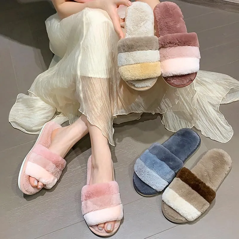 JadeRich Women's Fuzzy Open Toe Plush Slippers Colorblock Cozy Breathable Faux Fur Flat Slides Furry Slide Sandals