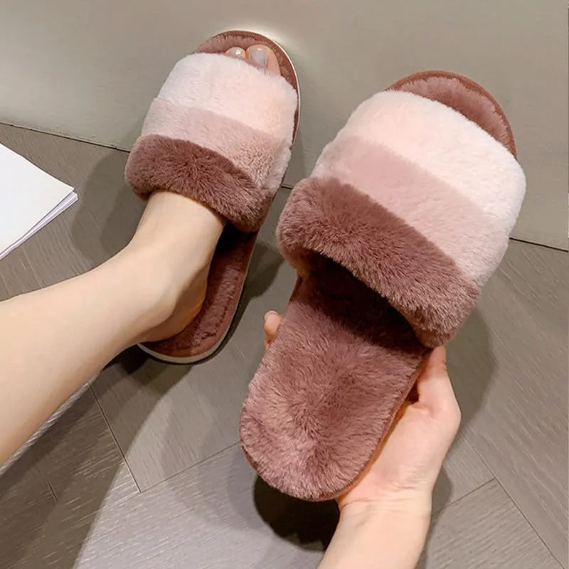 JadeRich Women's Fuzzy Open Toe Plush Slippers Colorblock Cozy Breathable Faux Fur Flat Slides Furry Slide Sandals