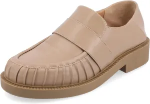 Journee Womens Ruched Lakenn Comfort Foam Slip On Closed Round Toe Crash Back Block Heel Loafer Flats Taupe, 7.5