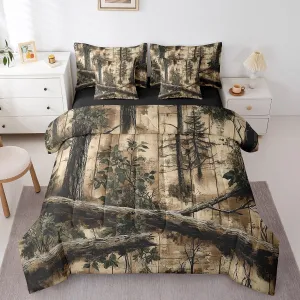 Jungle 7 Pieces Bedding Set Twin,Rustic Farmhouse Style Cabin Wooden Plank Bed in a Bag for Kids,Vintage Nature Brown Branches Botanical Leaves Comforter Set with Sheets,Pillow Covers
