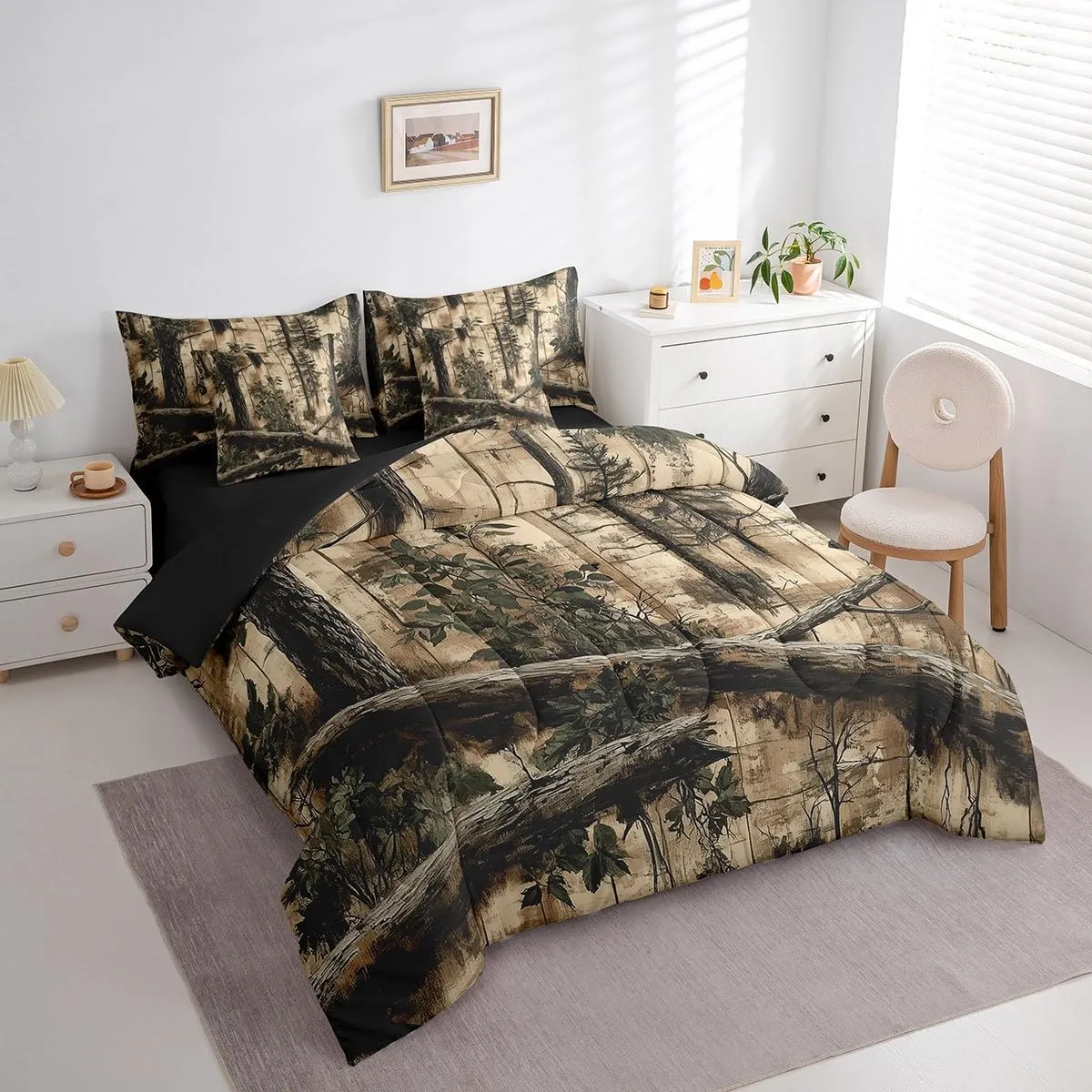 Jungle 7 Pieces Bedding Set Twin,Rustic Farmhouse Style Cabin Wooden Plank Bed in a Bag for Kids,Vintage Nature Brown Branches Botanical Leaves Comforter Set with Sheets,Pillow Covers