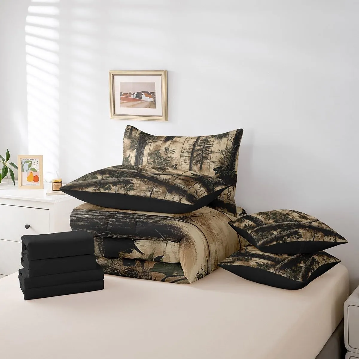 Jungle 7 Pieces Bedding Set Twin,Rustic Farmhouse Style Cabin Wooden Plank Bed in a Bag for Kids,Vintage Nature Brown Branches Botanical Leaves Comforter Set with Sheets,Pillow Covers