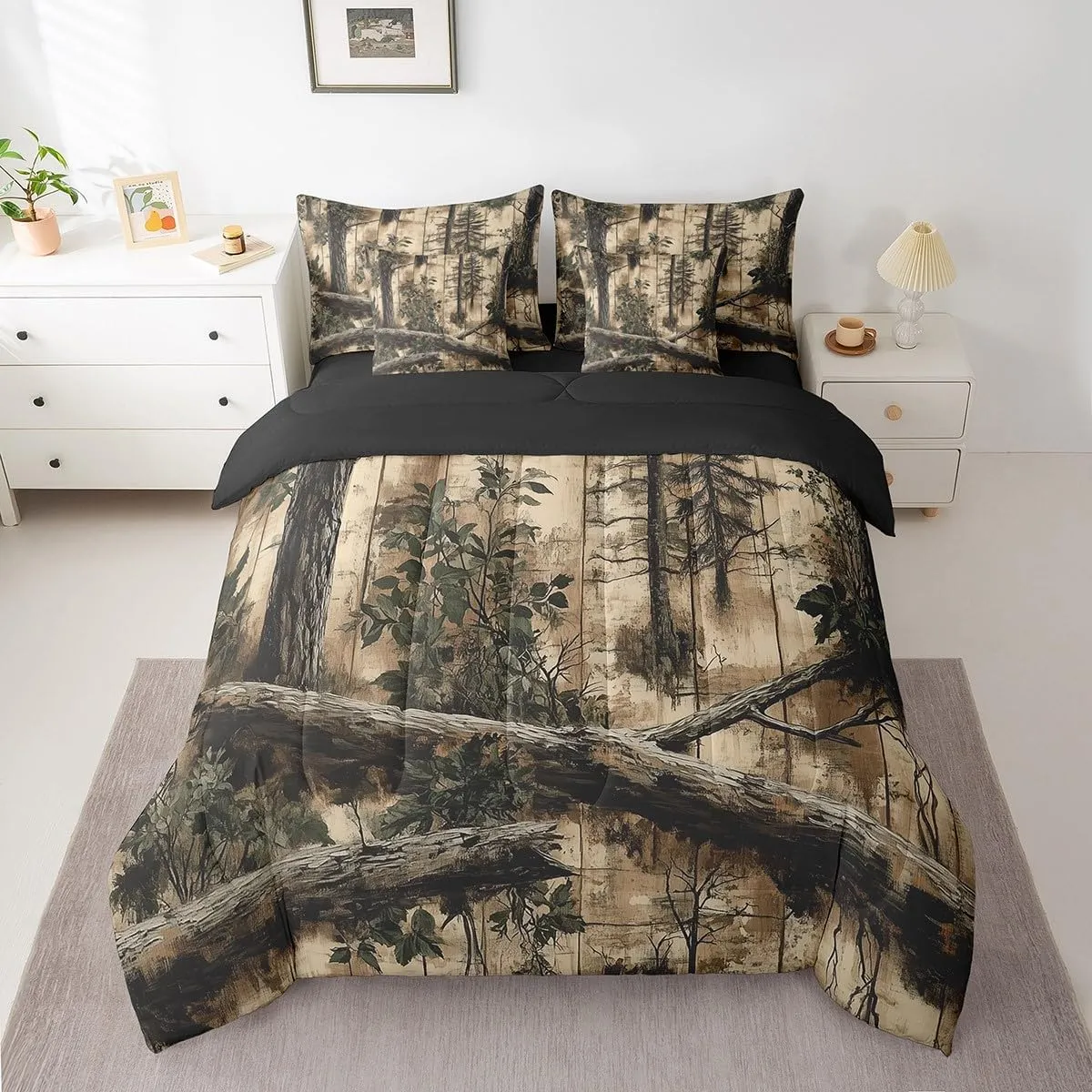Jungle 7 Pieces Bedding Set Twin,Rustic Farmhouse Style Cabin Wooden Plank Bed in a Bag for Kids,Vintage Nature Brown Branches Botanical Leaves Comforter Set with Sheets,Pillow Covers