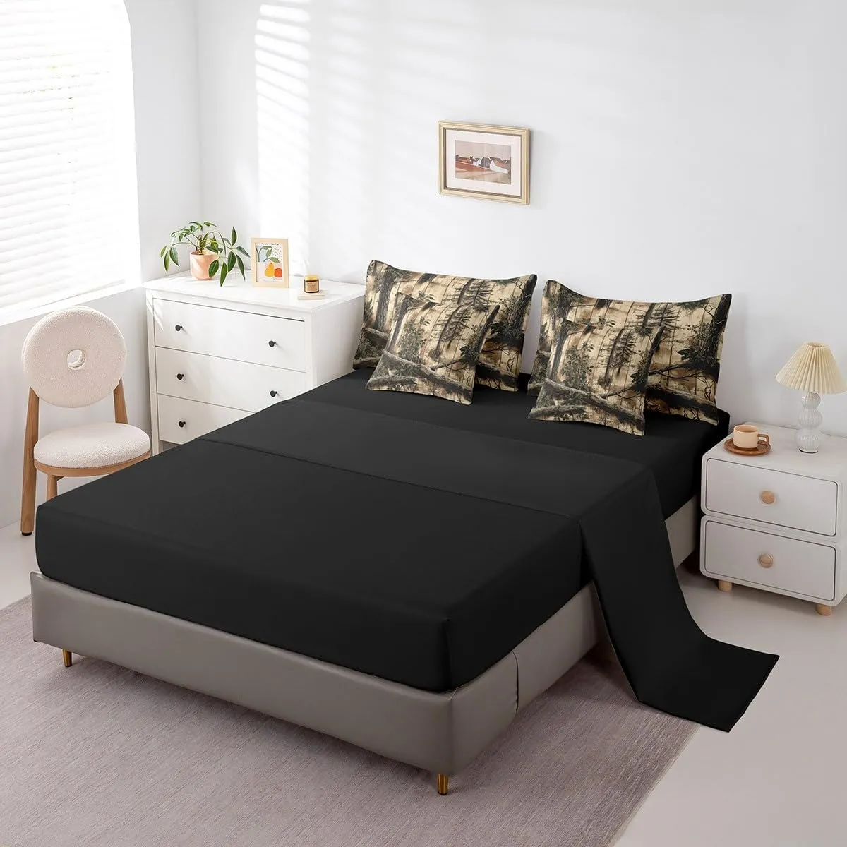 Jungle 7 Pieces Bedding Set Twin,Rustic Farmhouse Style Cabin Wooden Plank Bed in a Bag for Kids,Vintage Nature Brown Branches Botanical Leaves Comforter Set with Sheets,Pillow Covers