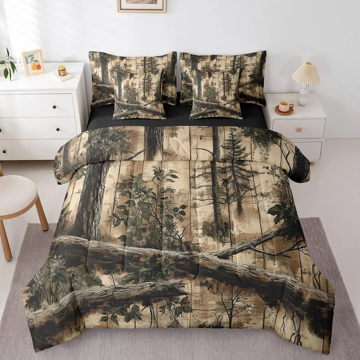 Jungle 7 Pieces Bedding Set Twin,Rustic Farmhouse Style Cabin Wooden Plank Bed in a Bag for Kids,Vintage Nature Brown Branches Botanical Leaves Comforter Set with Sheets,Pillow Covers