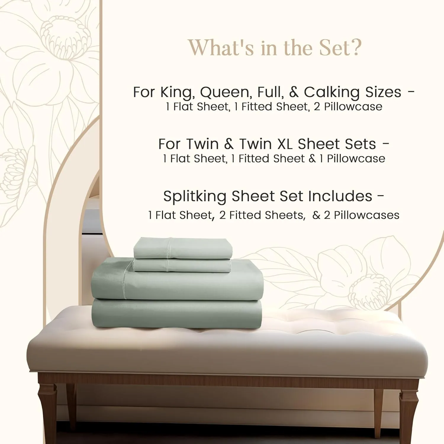 King Bed Sheets Deep Pocket King Sheet Set, 800 Thread Count Long Staple Fully Elasticated Egyptian Cotton Sheet & Pillowcase sets, Machine Wash No Pill Naturally Breathable Cotton Bedding- Mineral