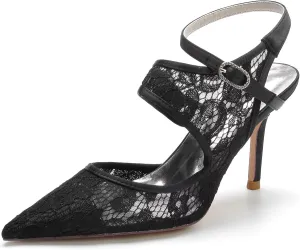 Lace-Embellished Bridal Shoes for Women - Pointed Toe Stiletto Heels with Adjustable Ankle Strap, Wedding Ceremony Pumps for Bride, Reception, Prom