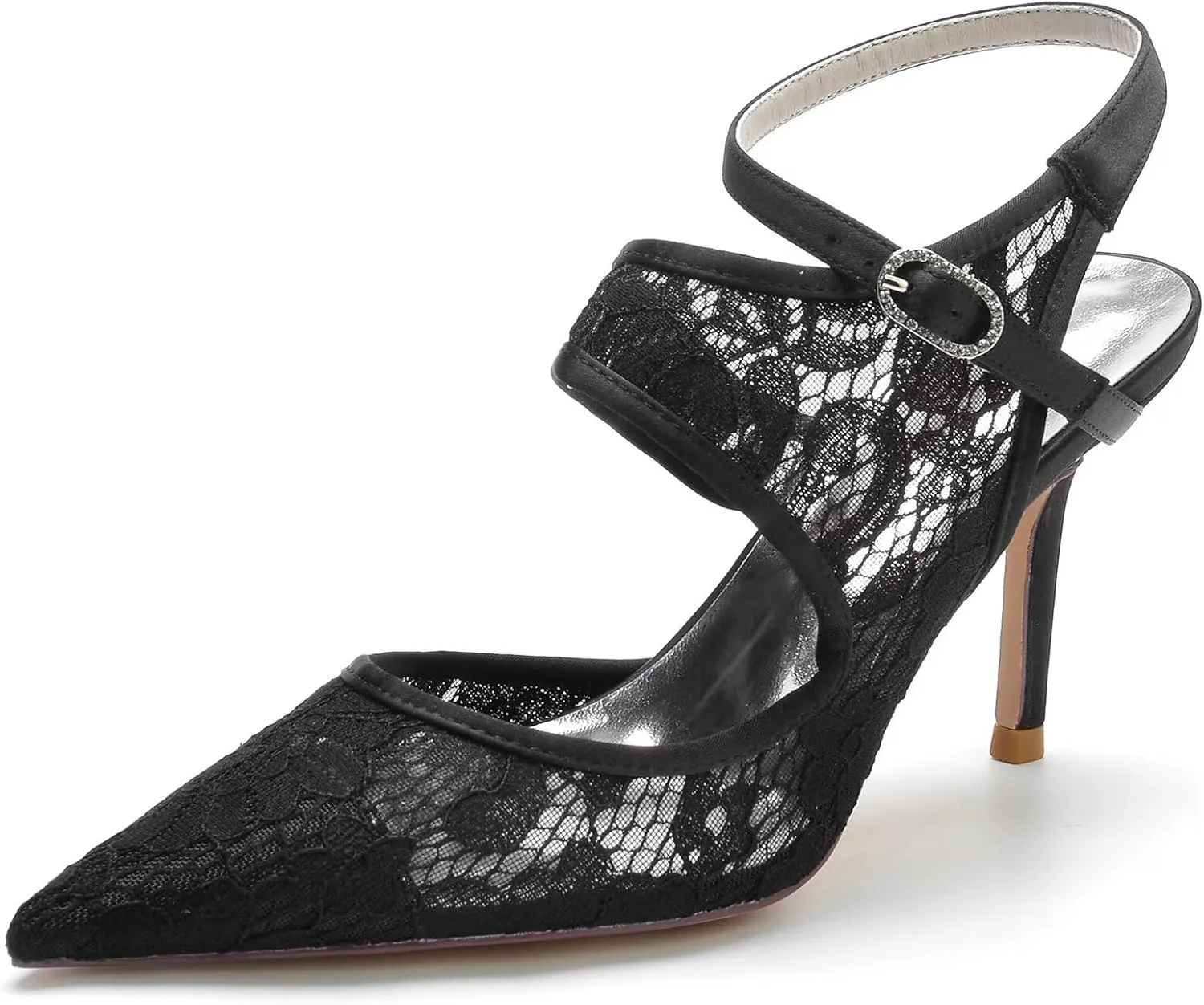 Lace-Embellished Bridal Shoes for Women - Pointed Toe Stiletto Heels with Adjustable Ankle Strap, Wedding Ceremony Pumps for Bride, Reception, Prom