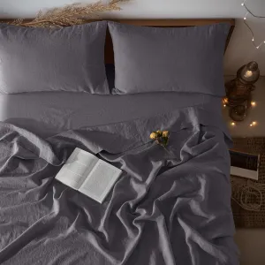 LBR02M 100% Linen Sheet Set Queen Size, Bed Sheets 4 Piece Sets, Solid Color Natural Flax Bed Sheets Soft Breathable Bedding,16" Deep Pocket,All Season (Queen, Dark Grey)