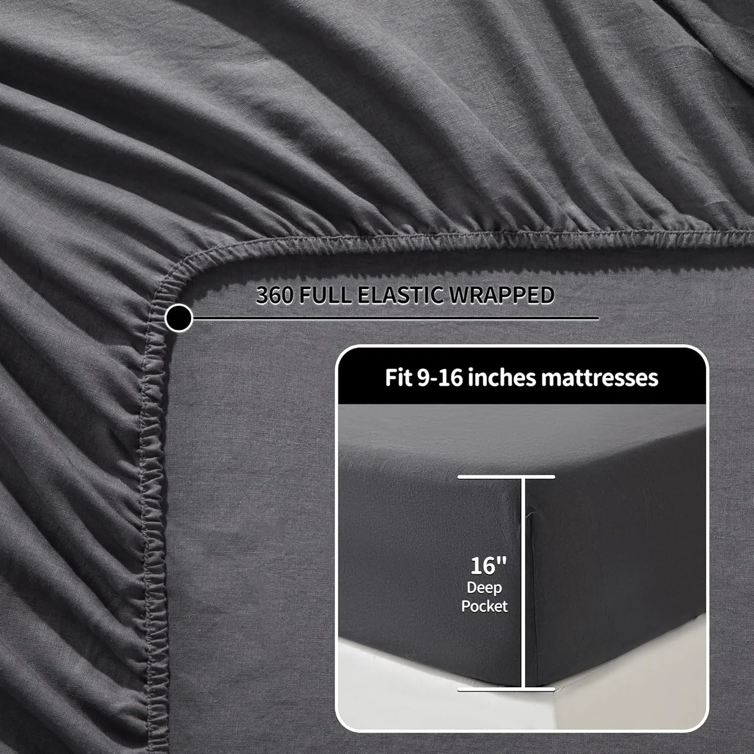 LBR02M 100% Linen Sheet Set Queen Size, Bed Sheets 4 Piece Sets, Solid Color Natural Flax Bed Sheets Soft Breathable Bedding,16" Deep Pocket,All Season (Queen, Dark Grey)