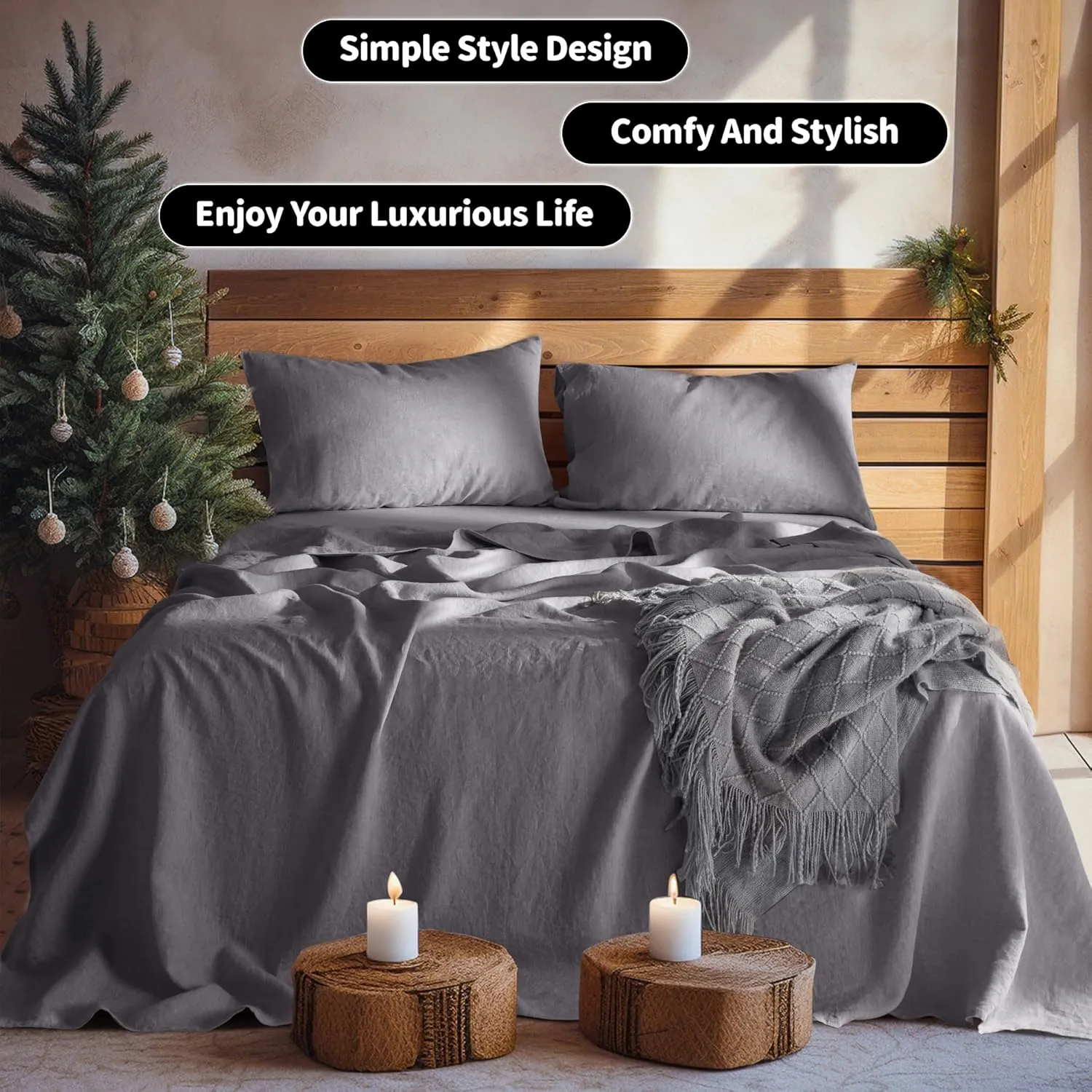 LBR02M 100% Linen Sheet Set Queen Size, Bed Sheets 4 Piece Sets, Solid Color Natural Flax Bed Sheets Soft Breathable Bedding,16" Deep Pocket,All Season (Queen, Dark Grey)