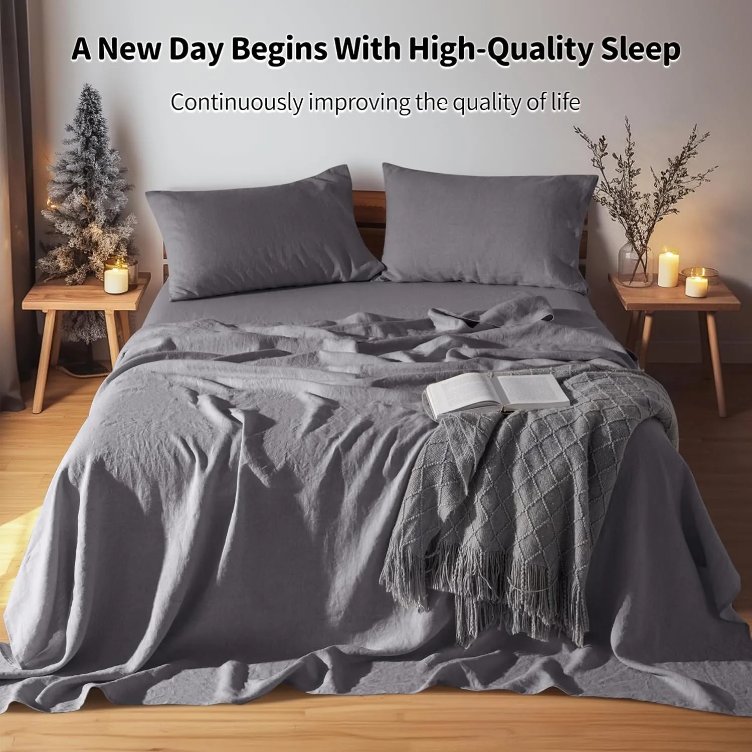 LBR02M 100% Linen Sheet Set Queen Size, Bed Sheets 4 Piece Sets, Solid Color Natural Flax Bed Sheets Soft Breathable Bedding,16" Deep Pocket,All Season (Queen, Dark Grey)
