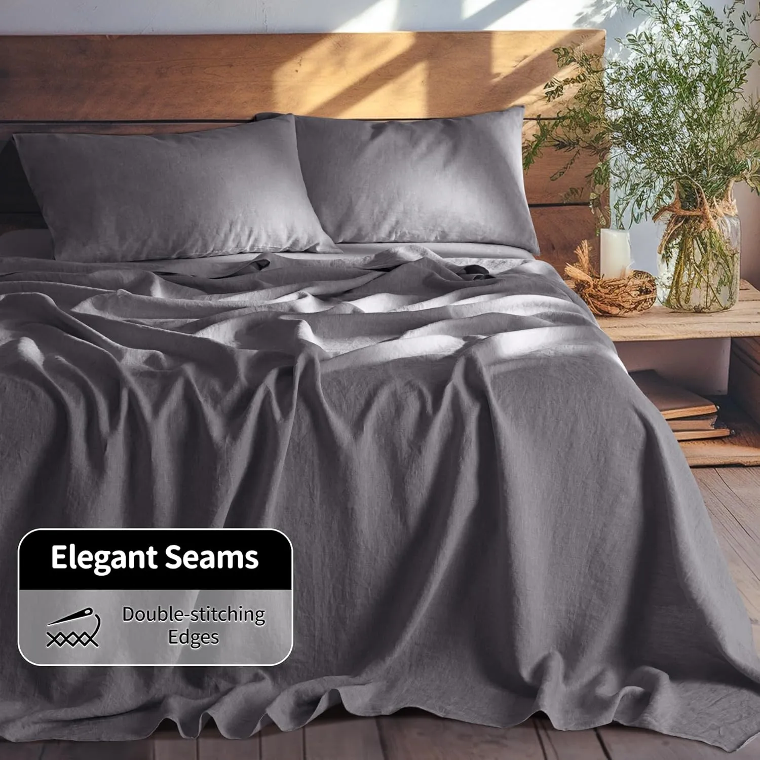 LBR02M 100% Linen Sheet Set Queen Size, Bed Sheets 4 Piece Sets, Solid Color Natural Flax Bed Sheets Soft Breathable Bedding,16" Deep Pocket,All Season (Queen, Dark Grey)