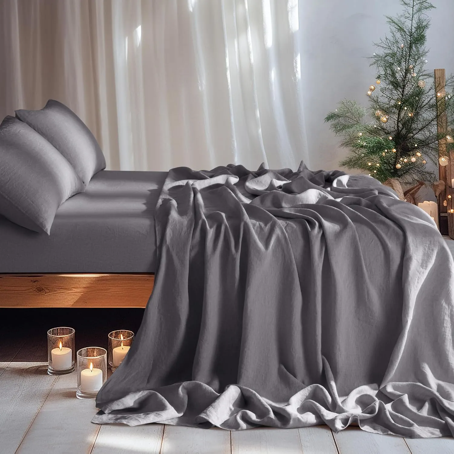 LBR02M 100% Linen Sheet Set Queen Size, Bed Sheets 4 Piece Sets, Solid Color Natural Flax Bed Sheets Soft Breathable Bedding,16" Deep Pocket,All Season (Queen, Dark Grey)