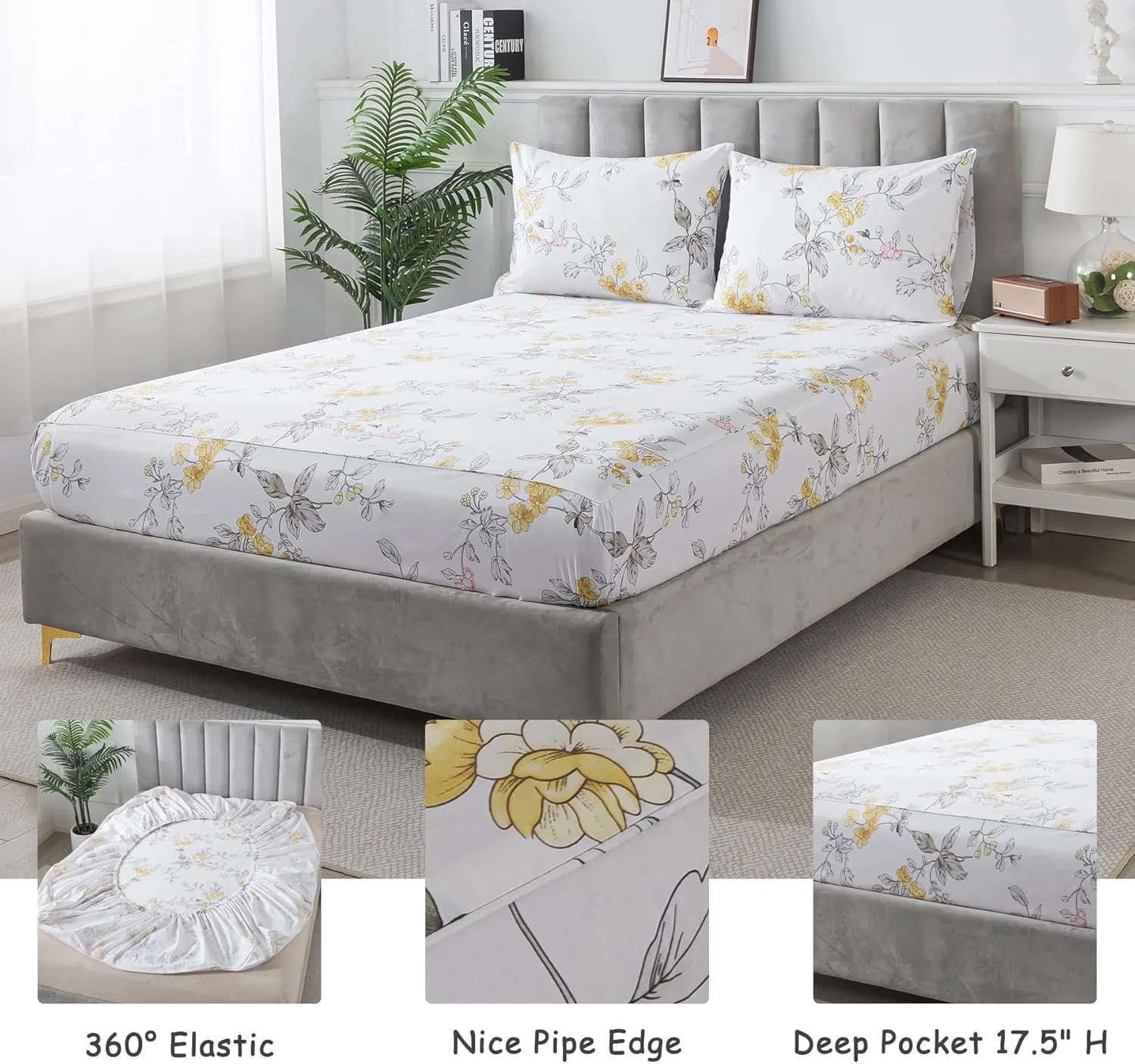Lemfux 100% Cotton Twin Sheet Set 4 Pieces Shabby Floral Chic Grey Yellow Pink Leaf Flower Print Garden Vintage White Bed Sheets, 1 Flat Sheet 66"x96", 1 Fitted Sheet 39"x75", 2 Pillowcases 20"x29"