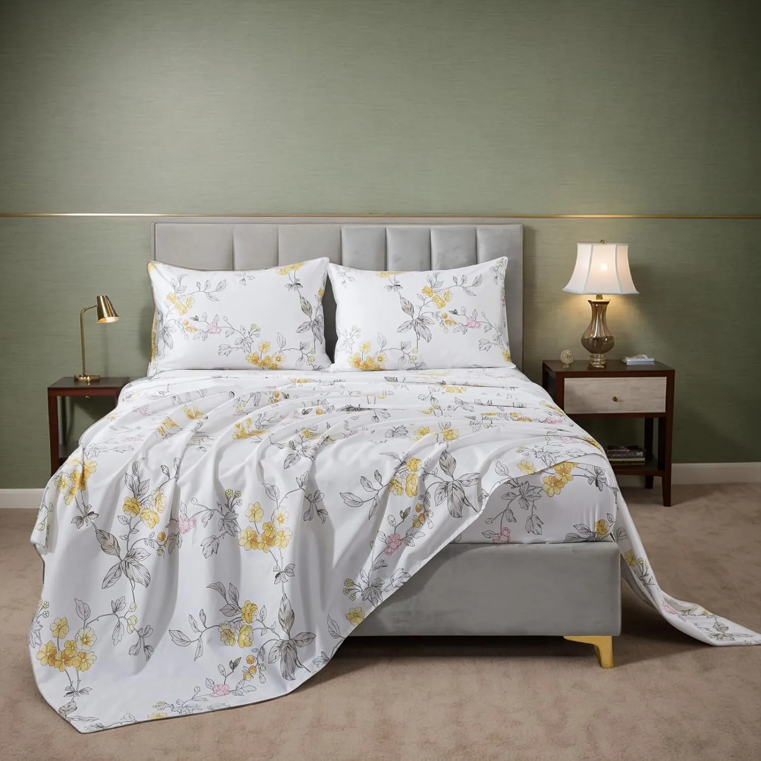 Lemfux 100% Cotton Twin Sheet Set 4 Pieces Shabby Floral Chic Grey Yellow Pink Leaf Flower Print Garden Vintage White Bed Sheets, 1 Flat Sheet 66"x96", 1 Fitted Sheet 39"x75", 2 Pillowcases 20"x29"