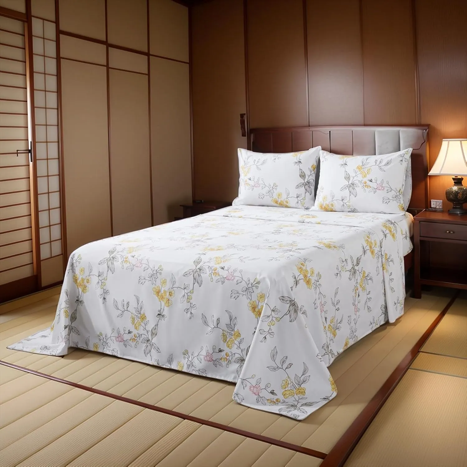 Lemfux 100% Cotton Twin Sheet Set 4 Pieces Shabby Floral Chic Grey Yellow Pink Leaf Flower Print Garden Vintage White Bed Sheets, 1 Flat Sheet 66"x96", 1 Fitted Sheet 39"x75", 2 Pillowcases 20"x29"