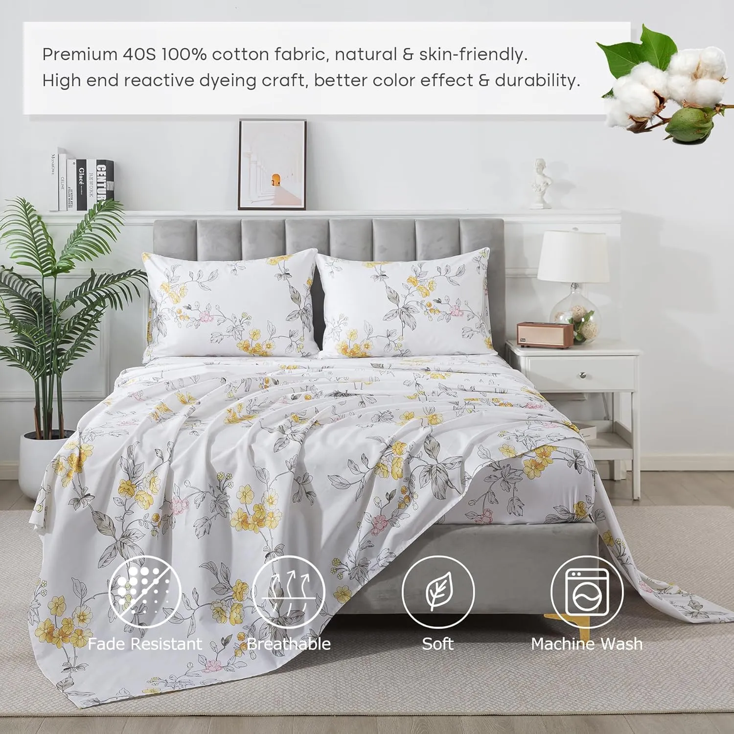 Lemfux 100% Cotton Twin Sheet Set 4 Pieces Shabby Floral Chic Grey Yellow Pink Leaf Flower Print Garden Vintage White Bed Sheets, 1 Flat Sheet 66"x96", 1 Fitted Sheet 39"x75", 2 Pillowcases 20"x29"