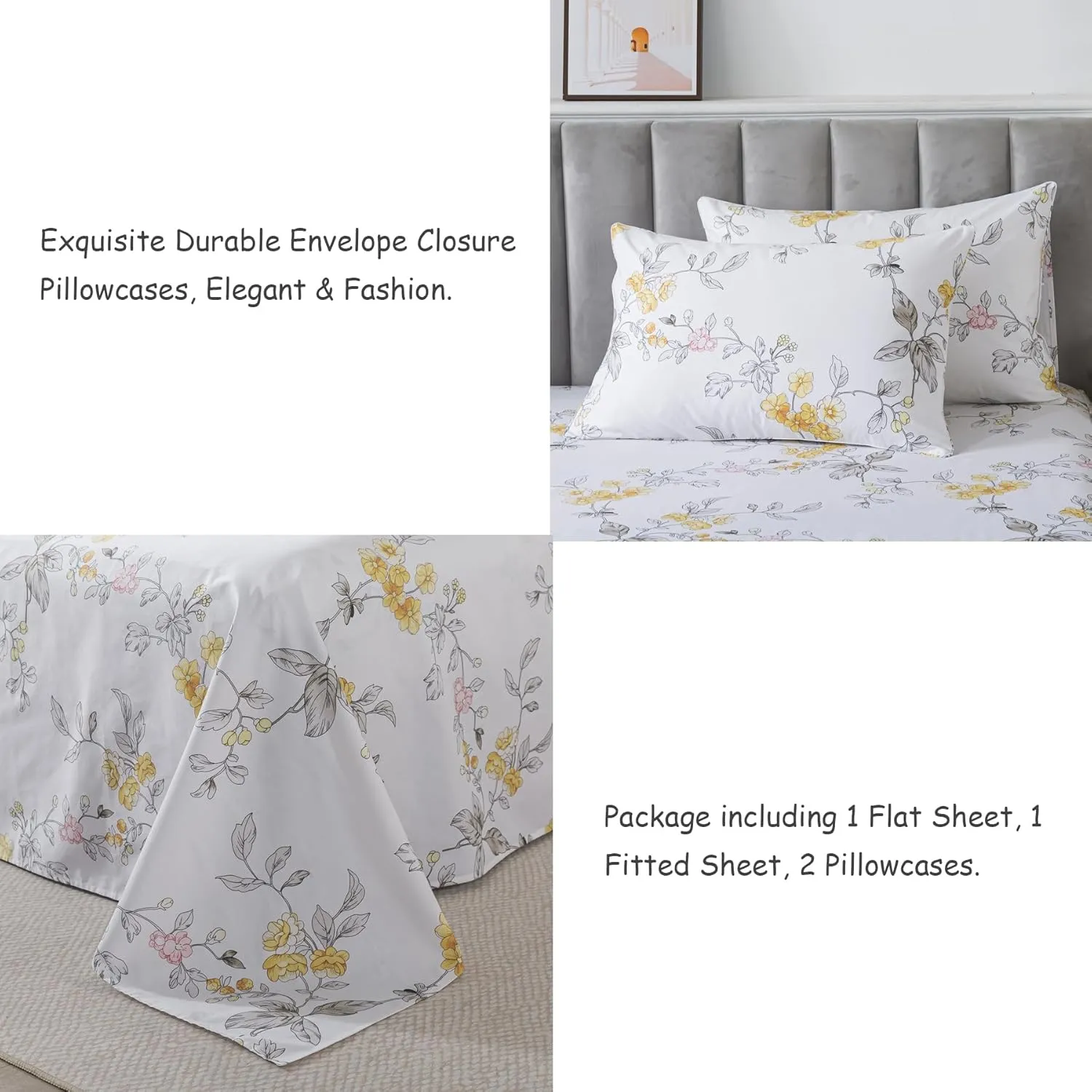 Lemfux 100% Cotton Twin Sheet Set 4 Pieces Shabby Floral Chic Grey Yellow Pink Leaf Flower Print Garden Vintage White Bed Sheets, 1 Flat Sheet 66"x96", 1 Fitted Sheet 39"x75", 2 Pillowcases 20"x29"