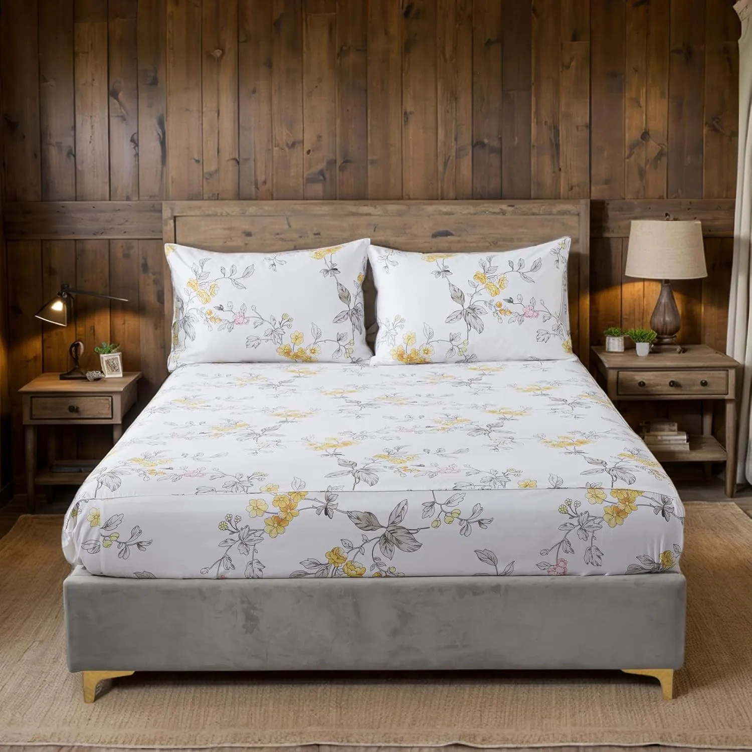 Lemfux 100% Cotton Twin Sheet Set 4 Pieces Shabby Floral Chic Grey Yellow Pink Leaf Flower Print Garden Vintage White Bed Sheets, 1 Flat Sheet 66"x96", 1 Fitted Sheet 39"x75", 2 Pillowcases 20"x29"