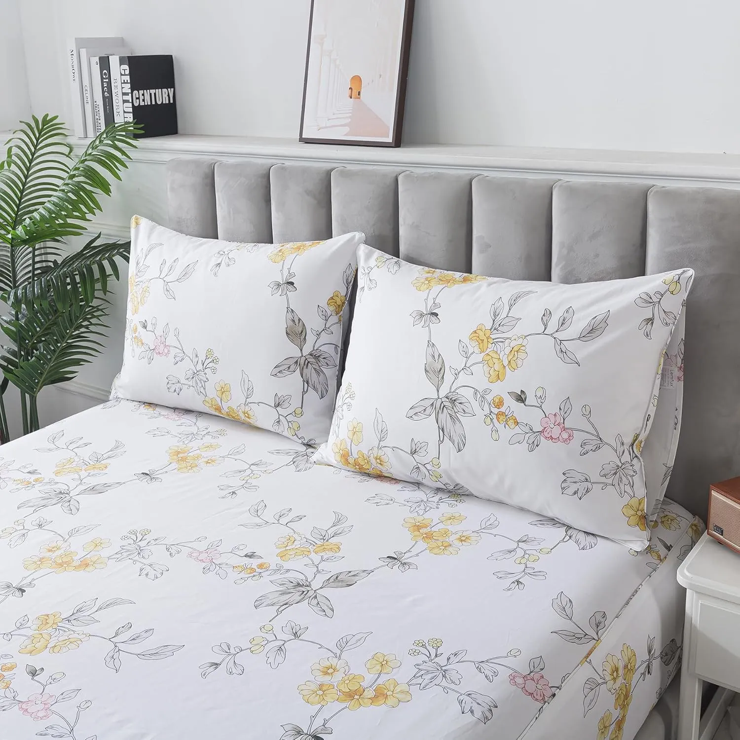 Lemfux 100% Cotton Twin Sheet Set 4 Pieces Shabby Floral Chic Grey Yellow Pink Leaf Flower Print Garden Vintage White Bed Sheets, 1 Flat Sheet 66"x96", 1 Fitted Sheet 39"x75", 2 Pillowcases 20"x29"