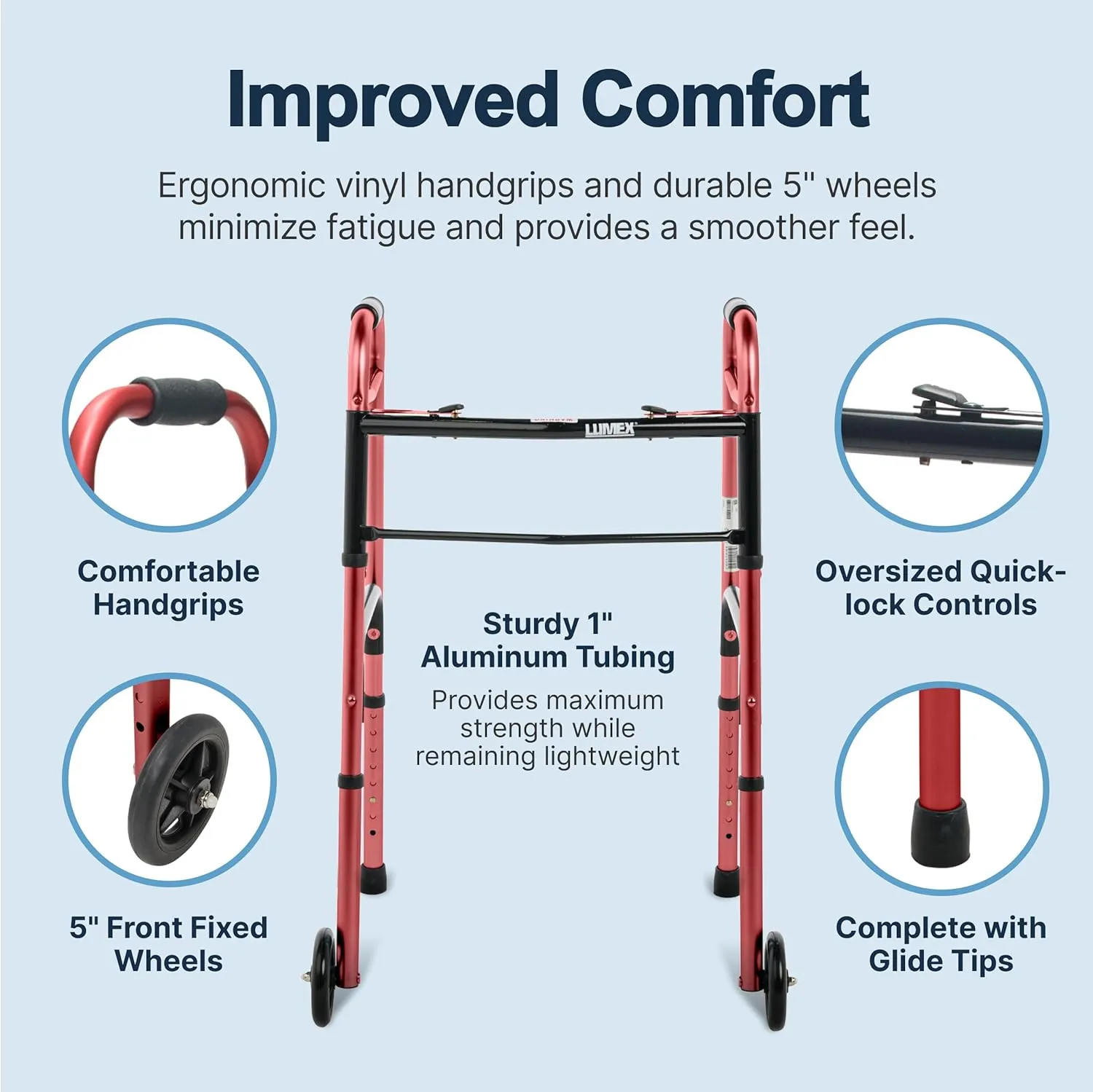Lumex ColorSelect Walker, Lightweight & Folding 2-Wheel Walker for Adults & Seniors, Red