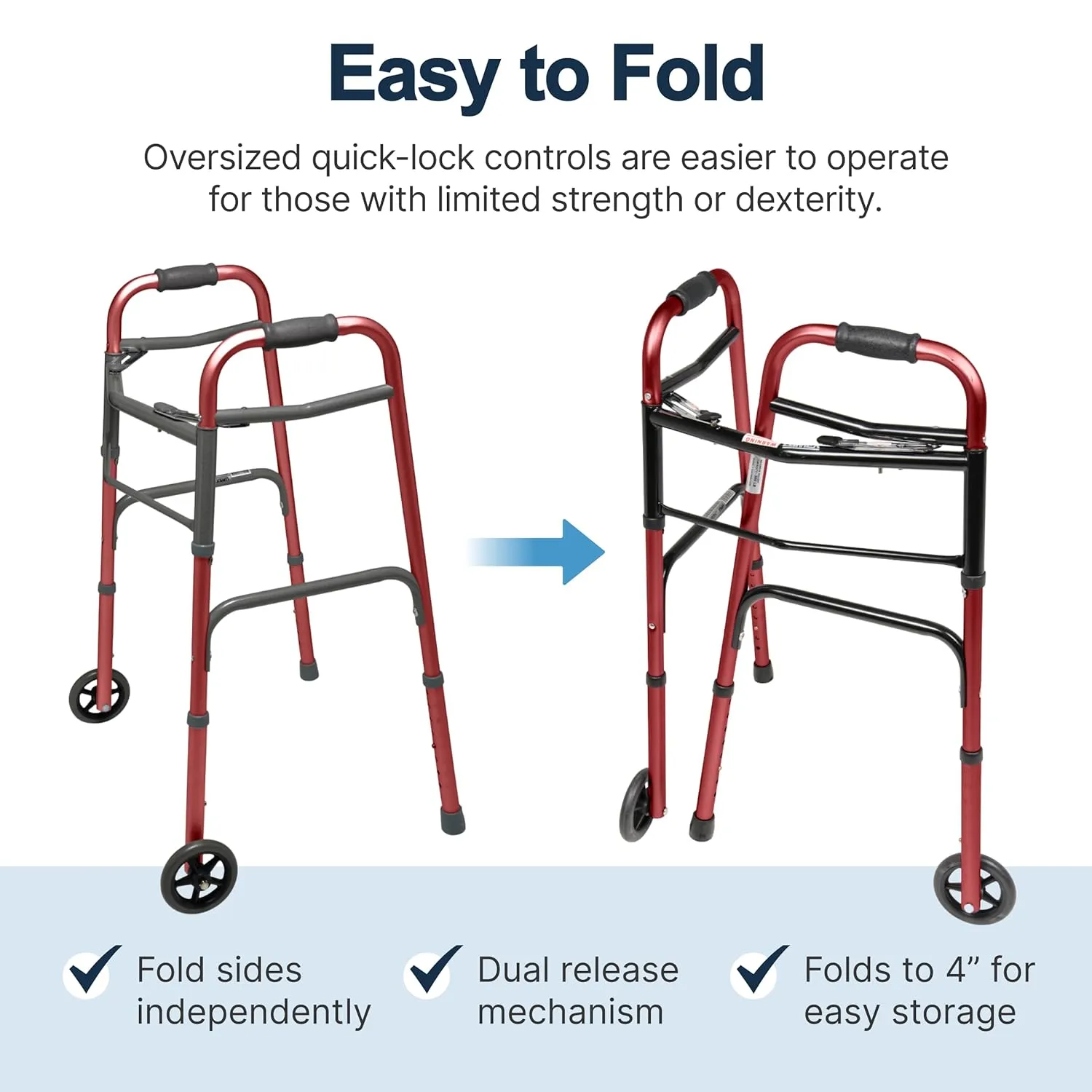 Lumex ColorSelect Walker, Lightweight & Folding 2-Wheel Walker for Adults & Seniors, Red