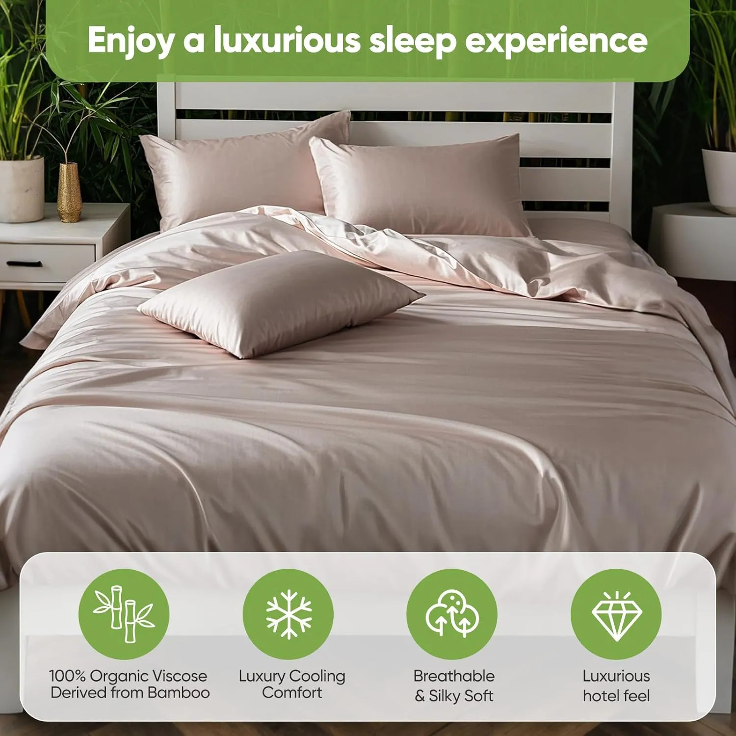 Luxury Sheet Set, Genuine 100% Organic Viscose Derived from Bamboo, Cooling & Breathable, Silky Soft, Bedding Sheets & Pillowcases (Sand, King)