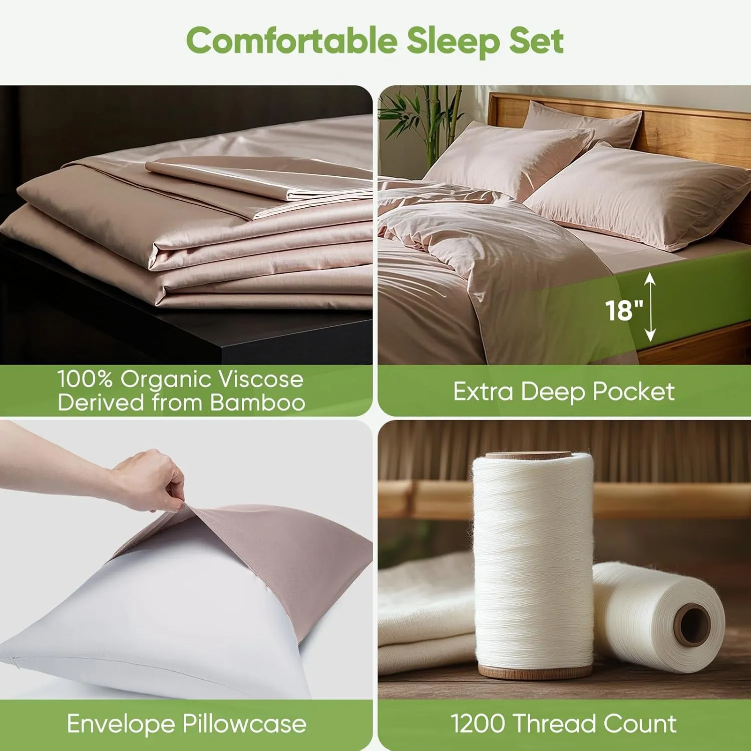 Luxury Sheet Set, Genuine 100% Organic Viscose Derived from Bamboo, Cooling & Breathable, Silky Soft, Bedding Sheets & Pillowcases (Sand, King)
